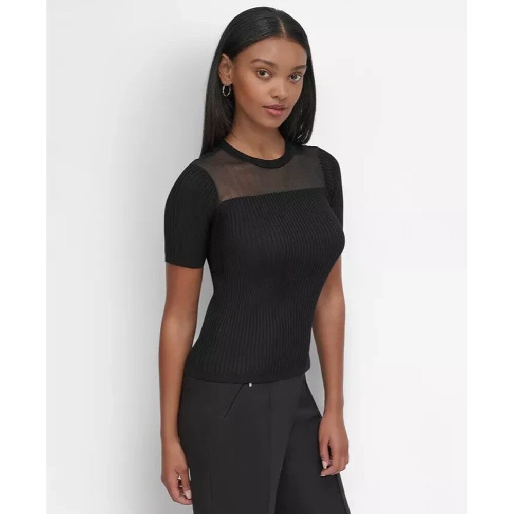 DKNY Women's Petite Short Sleeve Mesh-Trim Ribbed Knit Top Elegant Chic Black PS